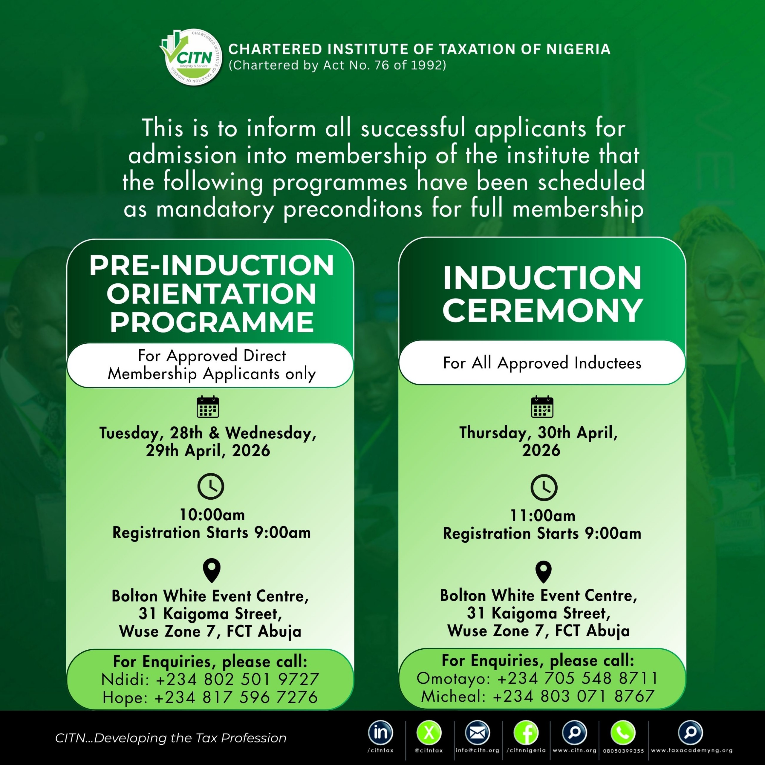 April 2026 Preinduction Training Programme